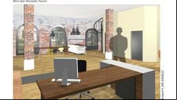 Entwurf neue Kanzlei-Räume: Blick über Yasmins Büroplatz